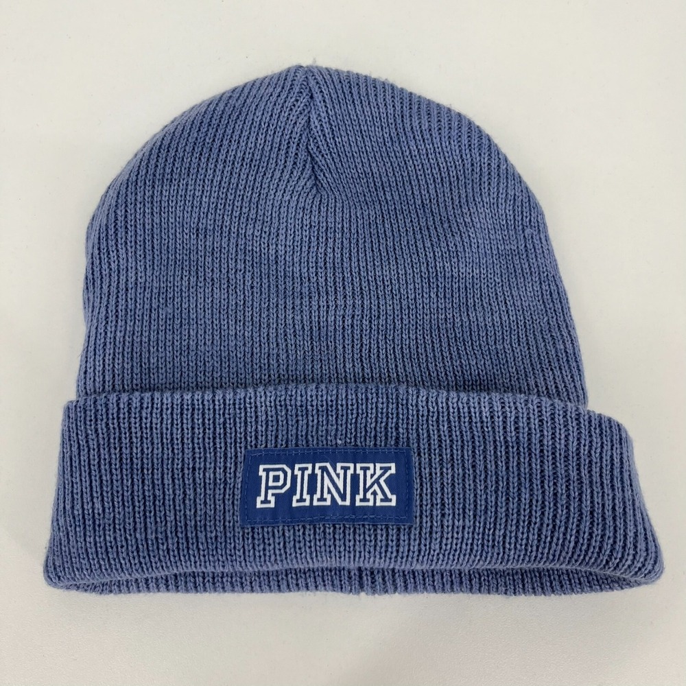 PINK Victoria's Secret Beanie Women's One‎ Size Blue Patch Logo Knit Polyester